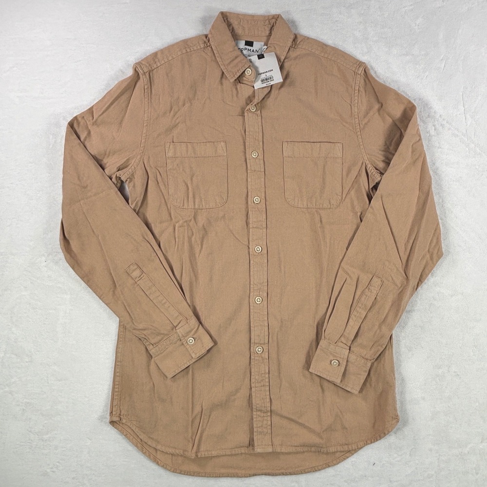 Topman Small Tan Khaki Cotton Long Sleeve Utility Button Up Heavyweight Shirt